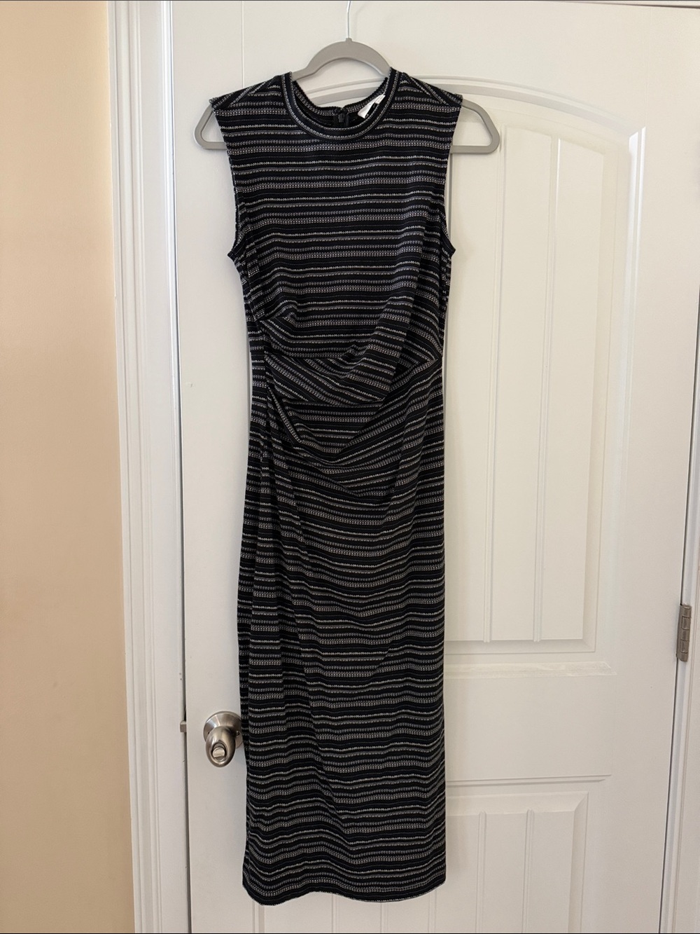 LOFT Black & Gray Striped Sleeveless Midi Dress